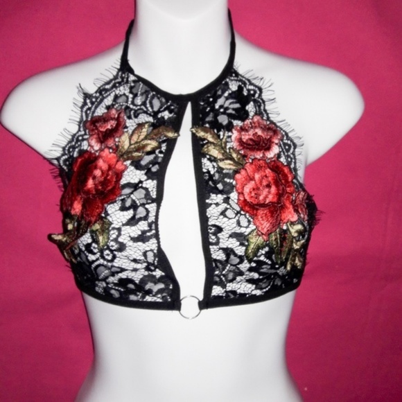 Black Eyelash Lace Embroidered Rose patch Bralette - Picture 6 of 7